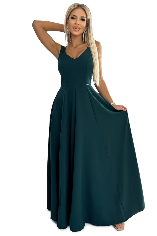 246-5 CINDY ilga elegantiška suknelė su iškirpte - ŽALIA