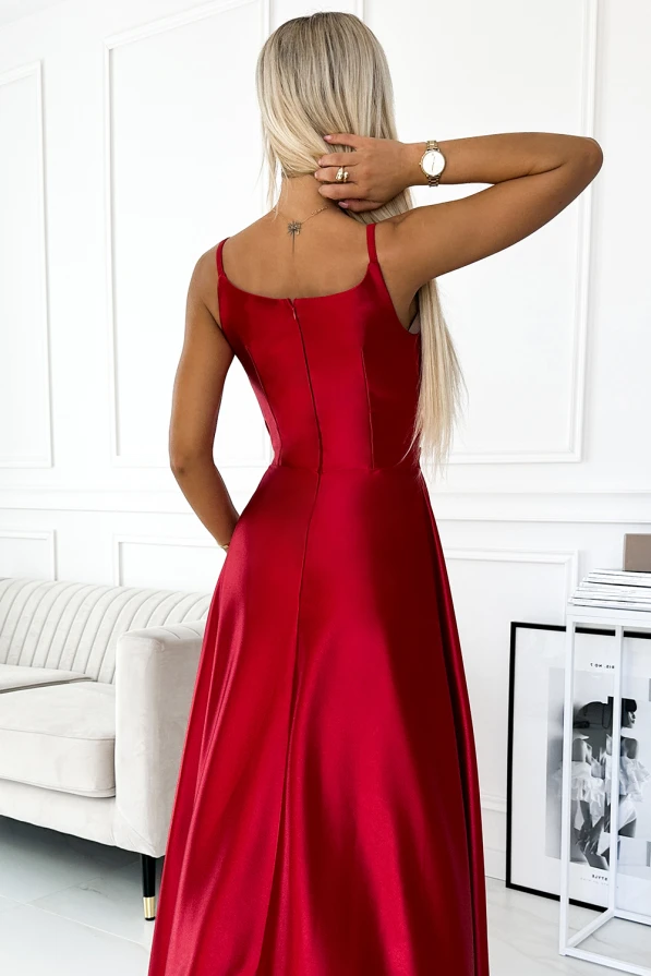 299-14 CHIARA elegantiška maxi ilga satininė suknelė ant petnešėlių - Raudona