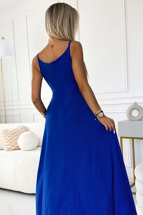 299-17 CHIARA elegantiška maxi ilga suknelė ant petnešėlių - mėlyna su blizgučiais