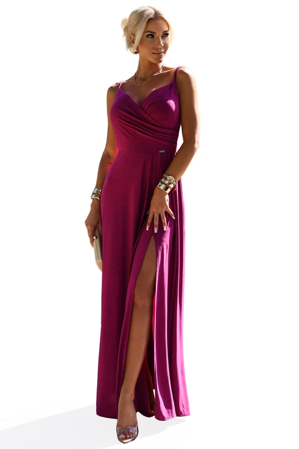 299-19 CHIARA elegantiška ilga maxi suknelė su petnešėlėmis - fuksijos spalvos su blizgučiais