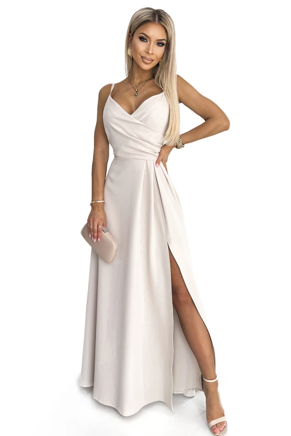 299-6 CHIARA elegantiška maxi ilga suknelė ant petnešėlių - SMĖLIO spalvos