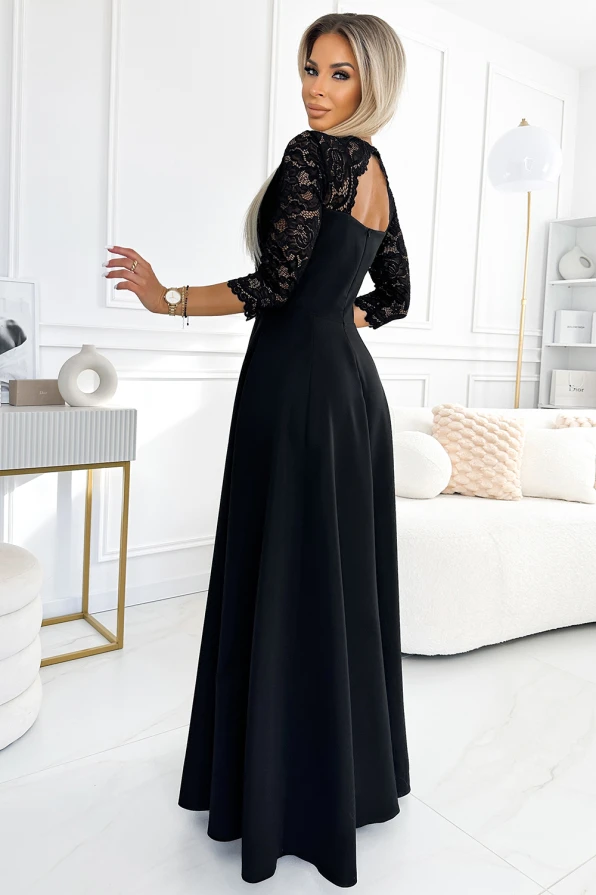 309-11 AMBER nėriniuota, elegantiška ilga suknelė su iškirpte ir kojos skeltuku - juoda