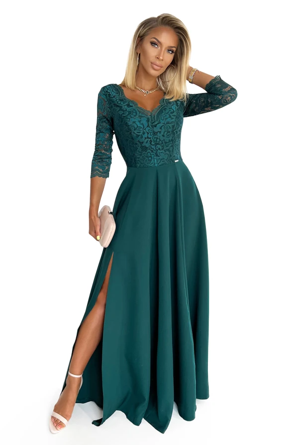 309-5 AMBER elegantiška nėriniuota ilga suknelė su iškirpte - BUTELIO ŽALIA