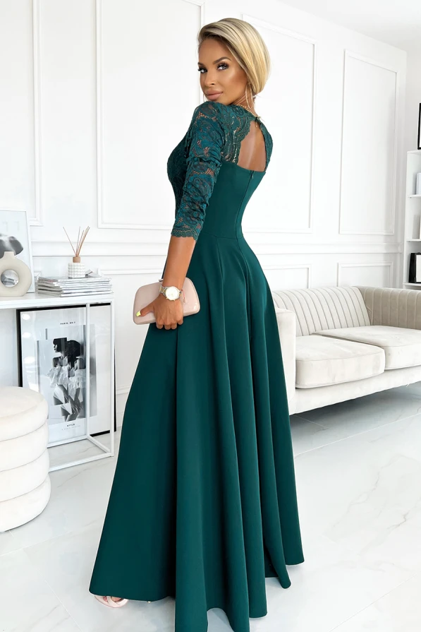 309-5 AMBER elegantiška nėriniuota ilga suknelė su iškirpte - BUTELIO ŽALIA