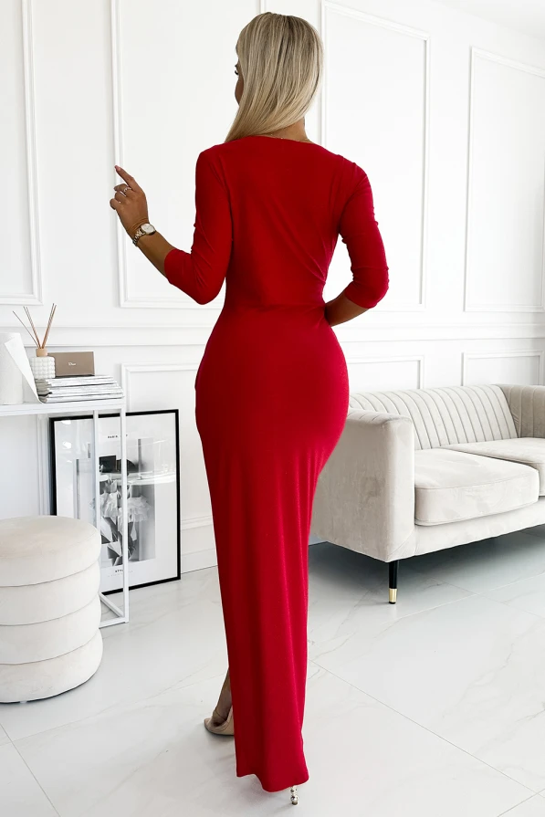 404-7 Blizganti ilga suknelė su iškirpte ir skeltuku ant kojos - Raudona su blizgučiais