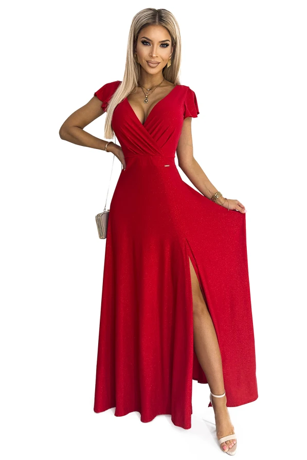 411-2 CRYSTAL blizgučiu ilga suknelė su iškirpte - Raudona