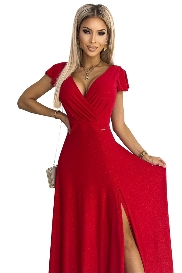 411-2 CRYSTAL blizgučiu ilga suknelė su iškirpte - Raudona