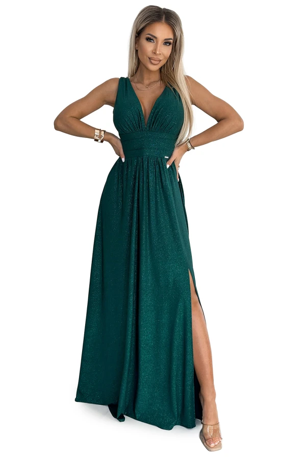 490-3 SUSAN Ilga brokato suknelė su iškirpte ir siūlėmis ties juosmeniu - žalia