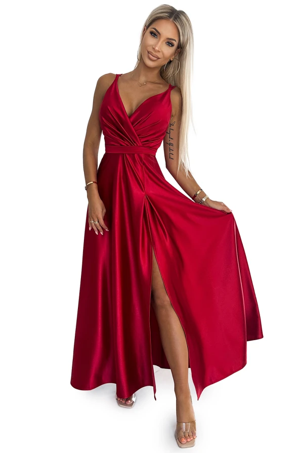 498-4 Ilga satininė suknelė su iškirpte ir dvigubomis petnešėlėmis - Raudona