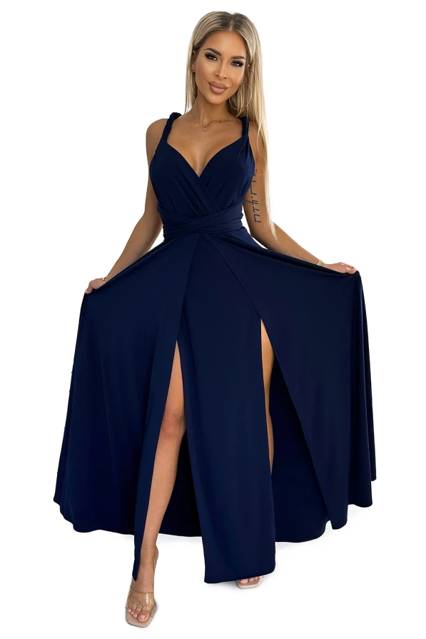509-1 Elegantiška ilga suknelė, rišama įvairiais būdais - TAMSIAI MĖLYNA