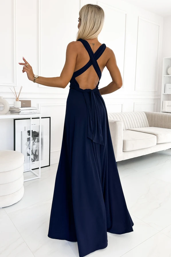 509-1 Elegantiška ilga suknelė, rišama įvairiais būdais - TAMSIAI MĖLYNA