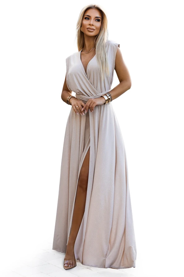 Elegantiška ilga suknelė, rišama įvairiais būdais - smėlio spalvos su blizgučiais