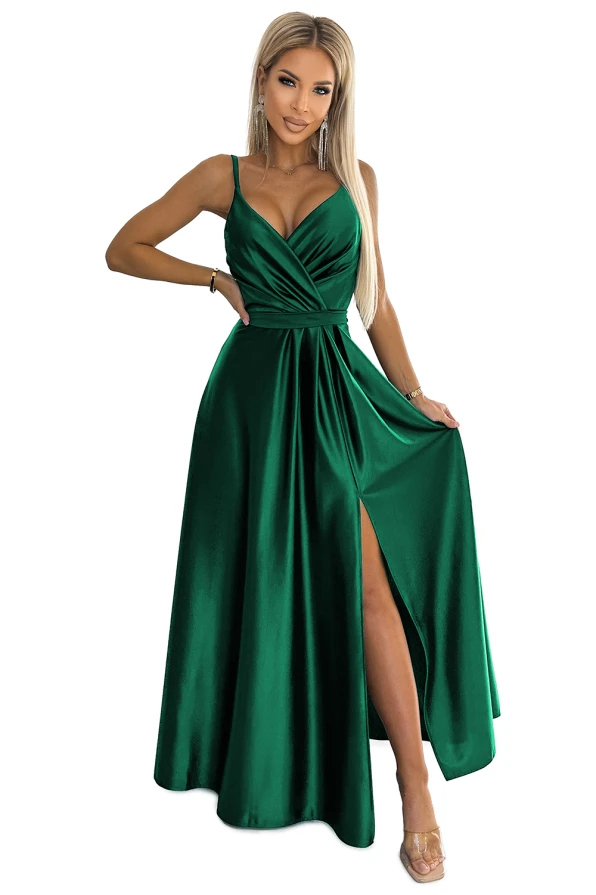 512-1 JULIET elegantiška ilga satininė suknelė su iškirpte - BUTELIO ŽALUMA