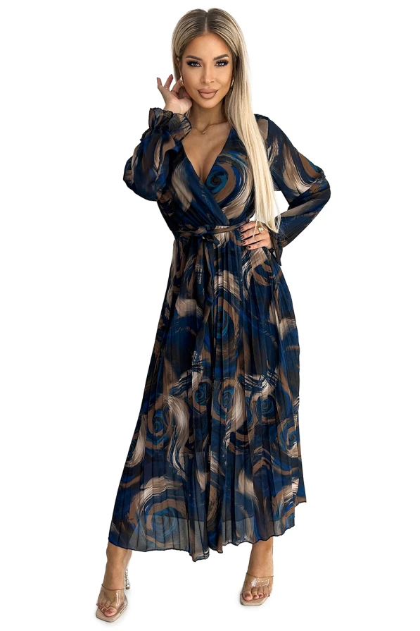 519-1 Ilgomis rankovėmis ir diržu, mėlynai-beždžione bangomis plisuota šifono suknelė