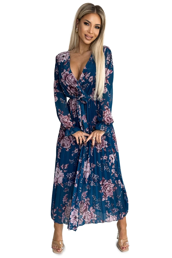 519-3 Sulankstytos šifono ilgos suknelės su iškirpte, ilgomis rankovėmis ir diržu - MĖLYNA su gėlėmis