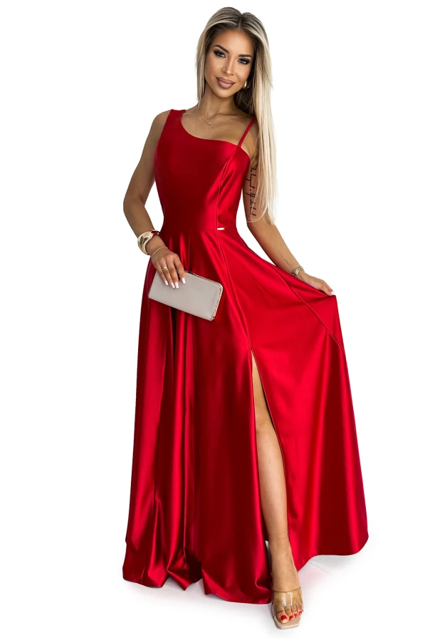 524-1 Ilga elegantiška satininė suknelė ant vieno peties - Raudona