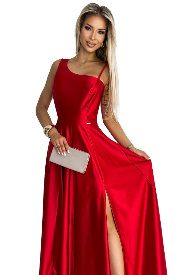 524-1 Ilga elegantiška satininė suknelė ant vieno peties - Raudona