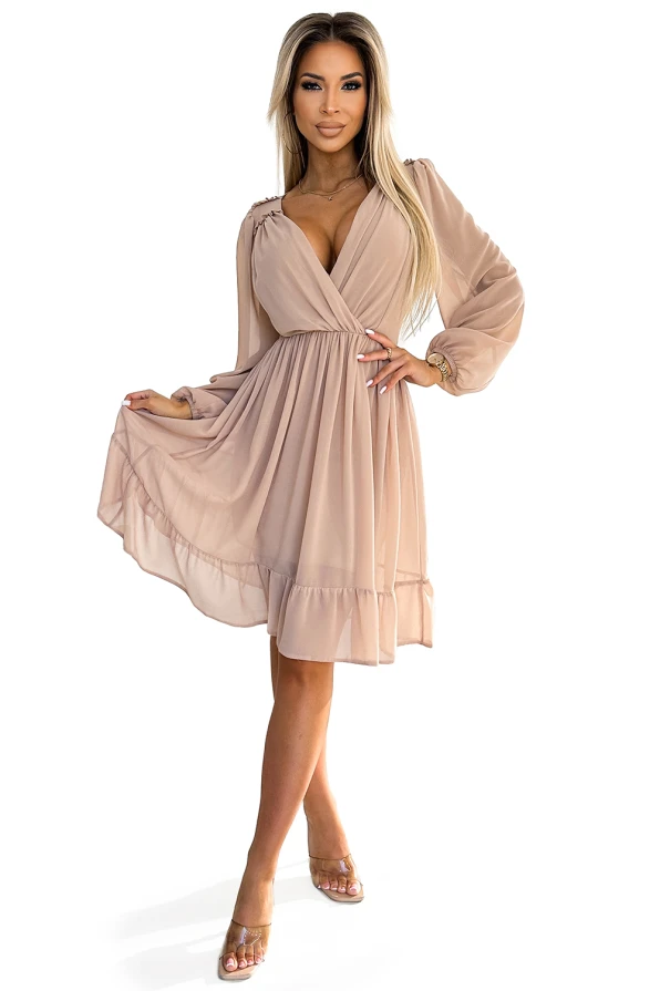 538-1 MILA Chiffon midi suknelė ilgomis rankovėmis ir iškirpte - smėlio spalvos